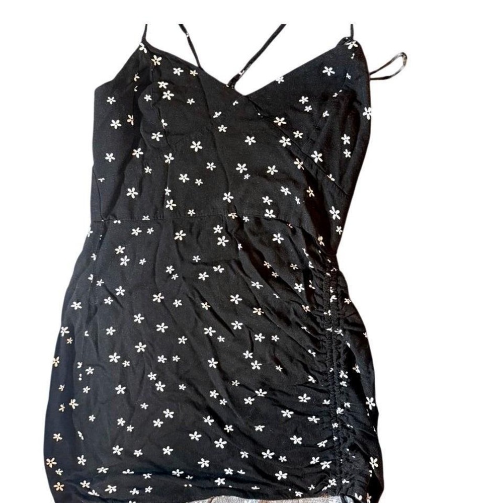 LA Hearts Black Floral Side Ruched Mini Dress Spaghetti Strap V-Neck RN090233‎